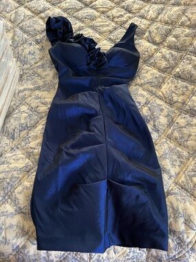 Xscape One-Shoulder Navy Cocktail Dress with Rosette Detail